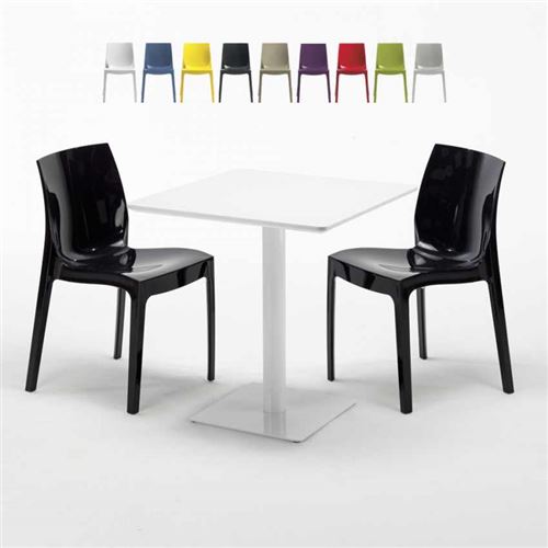 Table carrée 70x70 blanche avec 2 chaises colorées Ice Meringue, Couleur: Noir