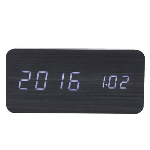 Réveil LED Numérique - Forme Rectangulaire - Commande Vocale - Bois - Noir - Image 2