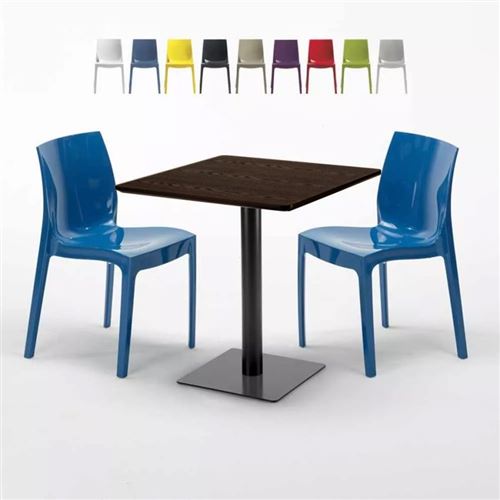 Table Carrée 70x70 Effet Bois avec 2 Chaises Colorées Ice Melon, Couleur: Bleu