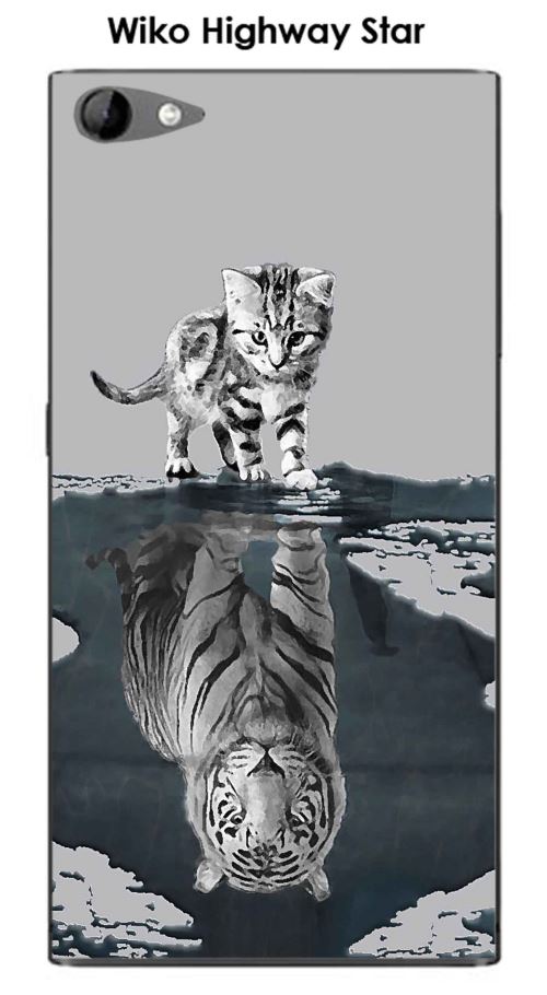 Coque TPU gel souple Wiko Highway Star 4G design Chat Tigre Blanc fond gris