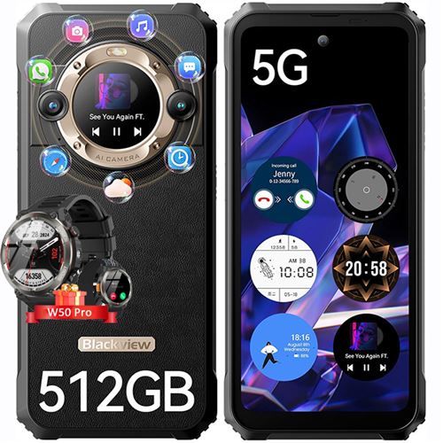 Blackview BL9000 Téléphone Portable Incassable 5G Double Écran 24Go+512Go 6.78 8800mAh/120W Or avec Smartwatch Blackview W50 Pro