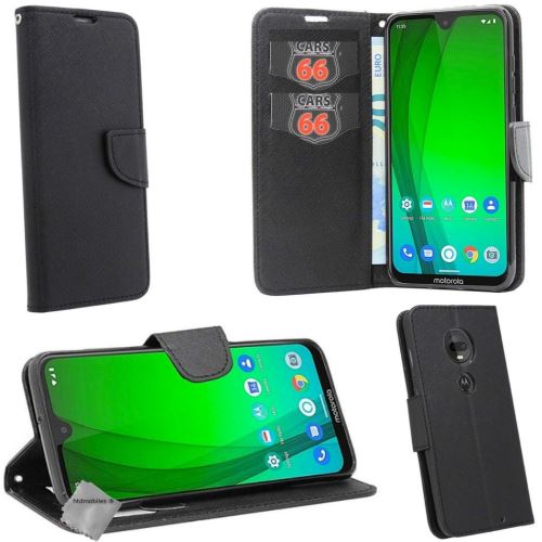 Housse etui coque pochette portefeuille pour Motorola Moto G7 avec verre trempe - NOIR / NOIR