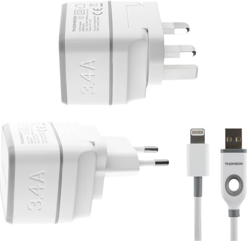 Chargeur secteur de voyage Thomson blanc avec câble USB/connectique Lightning