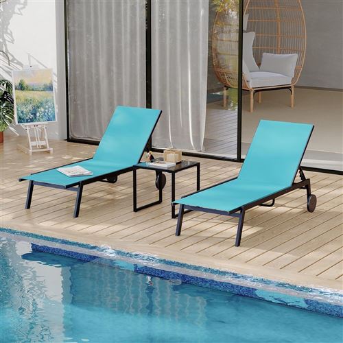 Ensemble Transat Jardin 3Pcs,1pc chaise longue transat+2pcs table,Chaise Longue Réglable avec Roulettes