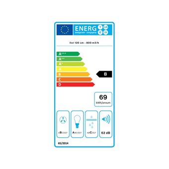 Hotte Ilot FALMEC EUROPA2631, 120cm, Commandes Electroniques retro-eclairees, Finition Inox, moteur 4 vitesses, Debit d''air boost = 680m3/h, Puissance acoustique max = 61dB. Eclairage LED. Classe energetique : B