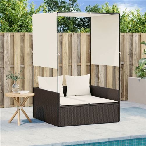 vidaXL Chaise longue double avec toit et rideaux marron résine tressée