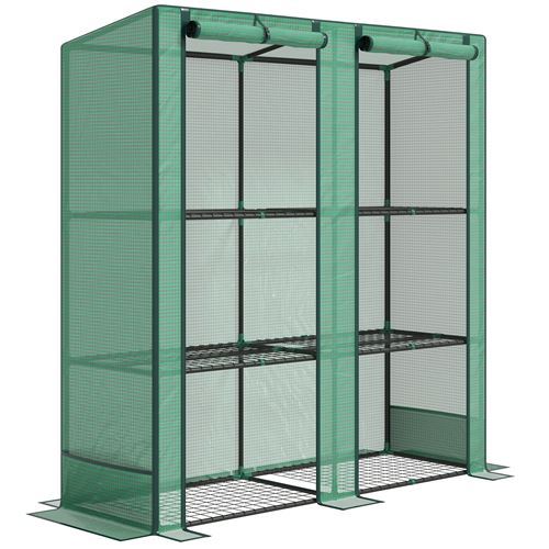 Serre de jardin balcon avec étagères métalliques 3 niveaux 2 portes acier noir PE vert