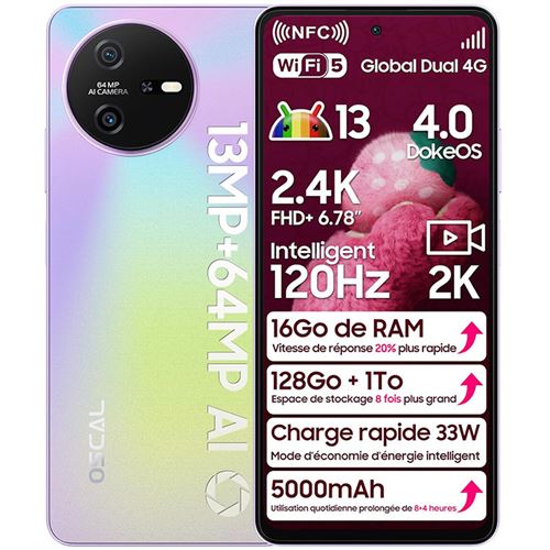Telephone Portable OSCAL Tiger12, 16Go+128Go, 6,78 FHD+ 120Hz Écran, 64MP+13MP 5000mAh 33W, Android 13 NFC/Face ID/Fingerprint/Dual SIM - Violet
