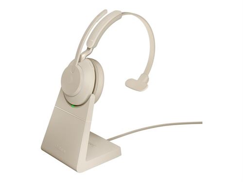 Jabra Evolve2 65 UC Mono - Micro-casque - sur-oreille - convertible - Bluetooth - sans fil - USB-C - isolation acoustique - beige - avec support de chargement