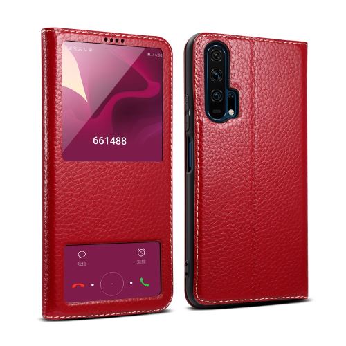 Etui en cuir véritable litchi double fenêtre avec support rouge pour votre Huawei Honor 20 Pro