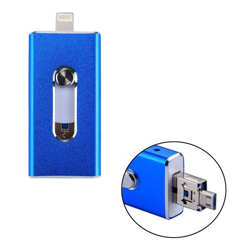 (#19) RQW-02 3 in 1 USB 2.0 8 Pin Micro USB 128GB Flash Drive, for iPhone iPad iPod Most Android Smartphones PC Computer(Blue)