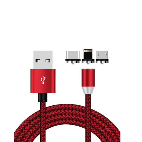 Câble Magnétique Micro USB, USB-C et Lightning (IPhone) Smartphone. Couleur rouge Longueur ; 1 mètre