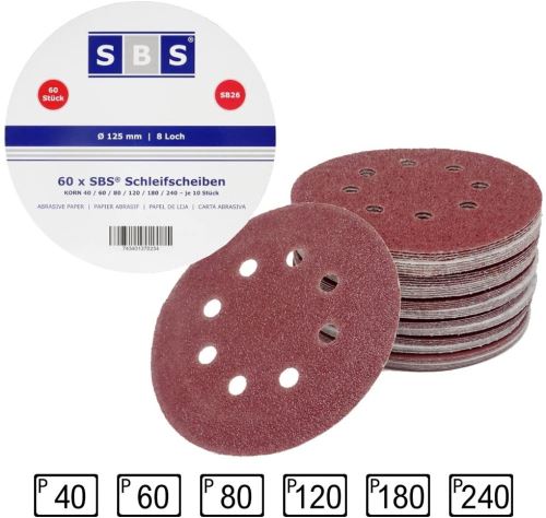 SBS Lot de 60 disques de ponçage à fixation en Nylonpour ponceuse excentrique Ø 125 mm Grain abrasif de 40/60/80/120/180/240 (10 disques par taille de