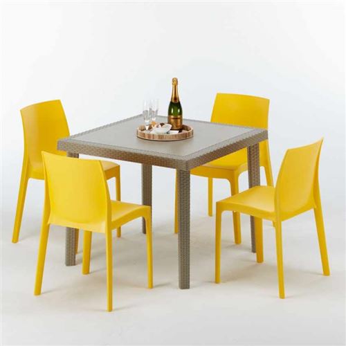 Table carrée beige + 4 chaises colorées Poly rotin synthétique ELEGANCE, Chaises Modèle: Rome jaune