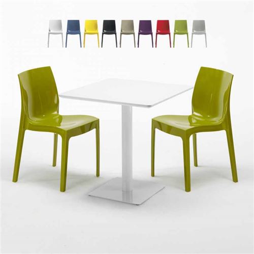 Table carrée 70x70 blanche avec 2 chaises colorées Ice Meringue, Couleur: Vert