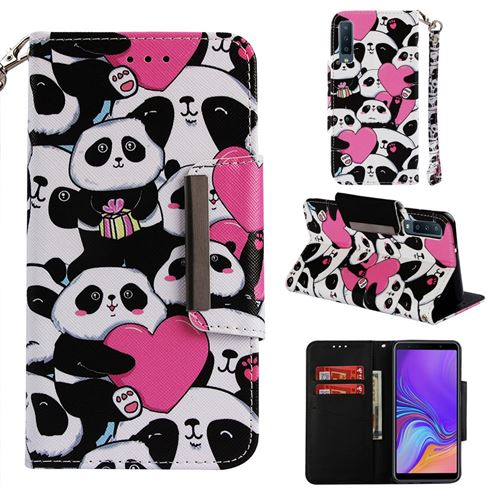 Etui en PU impression de motifs panda et coeur pour votre Samsung Galaxy A7 (2018)