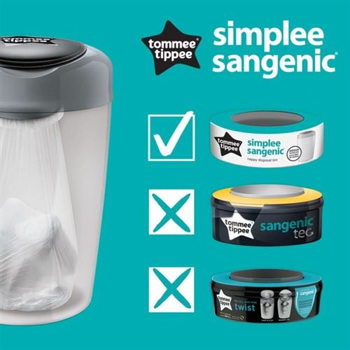 Tommee Tippee Poubelle à couches Sangenic Simplee 3 recharges blanc/gris