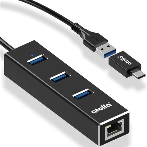 Atolla Hub USB 3.0 Ethernet, Répartiteur C pour adaptateur USB Rj45 en aluminium avec 1 port LAN RJ45, 3 ports de données USB et