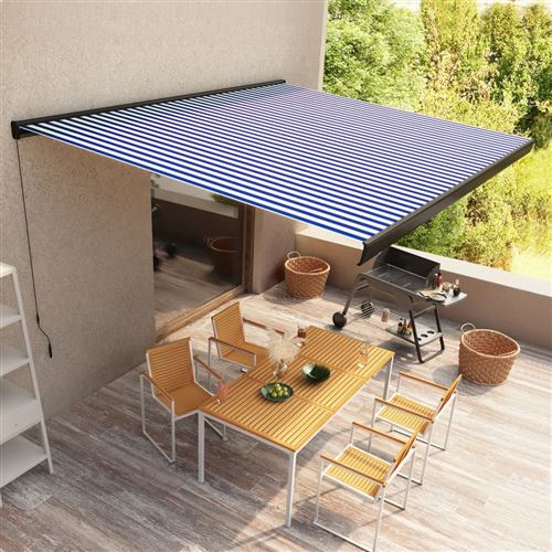 Store &agrave; cassette manuel 400x300 cm Bleu et blanc Vidaxl bleu et blanc (cadre gris)