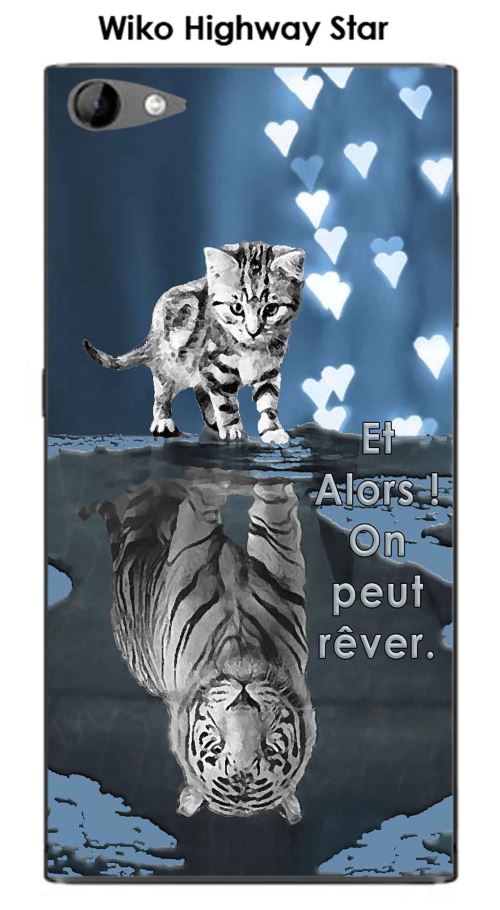 Coque TPU gel souple Wiko Highway Star 4G design Chat Tigre Blanc fond bleu noir Et Alors !