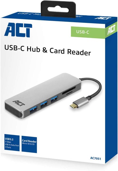 ACT USB-C Hub et Lecteur de Cartes, Nombre de Ports : 3 Ports USB A Femelle et Lecteur de Cartes, Longueur du câble 0, 15 m, boîtier en Aluminium (AC7051)