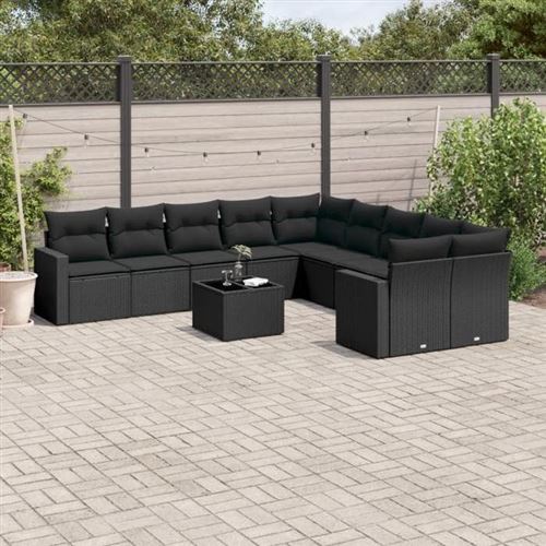 vidaXL Salon de Jardin avec Coussins 11 pcs, Canapés de Terrasse, Ensemble de Meubles de Patio, Mobilier d'Extérieur, Noir 3251852