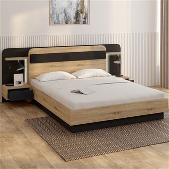 Lit 140x190 cm avec sommier à lattes et tete de lit, lit double avec LED, cadre de lit adulte avec 2 tiroir, tissu en velours, 140x190 cm, beige | Leroy Merlin
