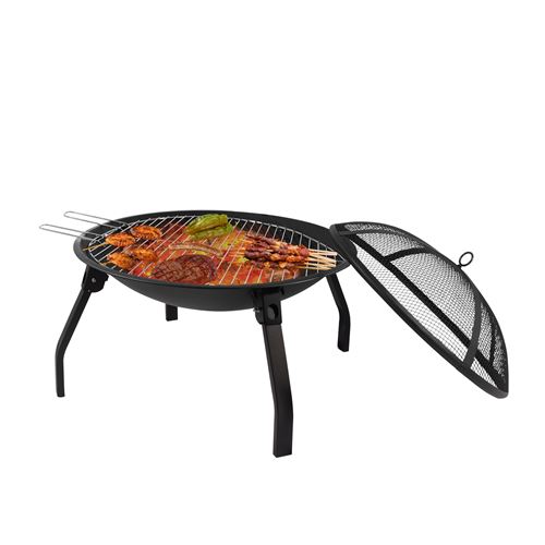 Brasero de Jardin BIGZZIA, Ø 56 cm Rond, Bol de feu de camp pliable, avec tisonnier de gril et couverture imperméable, Noir
