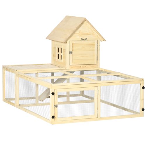 PawHut Kaninchenstall Villa aus Holz mit 2 Etagen mit Laufstrecke, Rampe und verschließbaren Türen 151,5 x 106 x 97 cm   Aosom