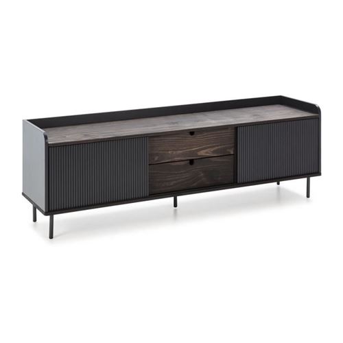 Meuble TV HORIZON portes coulissantes 2 tiroirs- Noyer et metal Noir- scandinave moderne - L160XP40XH52cm