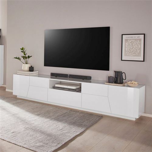 Meuble TV mural de salon moderne 220x43cm blanc brillant Fergus