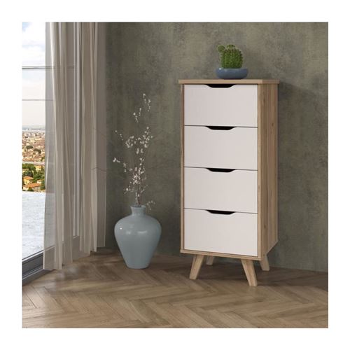 Vankka Chiffonnier 4 Tiroirs - Decor Chene Et Blanc - L 45 X P 42 X H 108 Cm