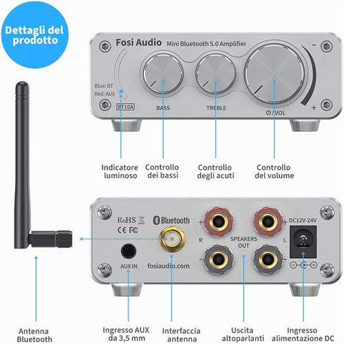 Fosi-Amplificateur audio Bluetooth à 2 canaux, puissance sonore stéréo, mini  ampli numérique HiFi pour haut-parleurs, aigus et basses, 50W, BT10A,  TPA3116wiches