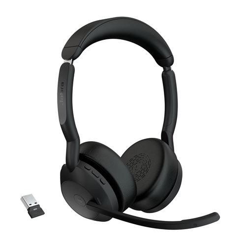 Jabra Evolve2 55 MS Stereo - Micro-casque - sur-oreille - Bluetooth - sans fil - Suppresseur de bruit actif - USB-A - noir - certifié Zoom, Certifié pour Microsoft Teams, Cisco Webex Certified, Optimisé pour la CU, Certifié Alcatel-Lucent, Certifié A