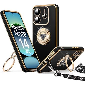 Coque pour Xiaomi Redmi Note 14 4G (pas pour 5G) Silicone Souple Anti-Rayures avec Anneau Motif Cœur et Cordon - Noir - BOOLING - 1