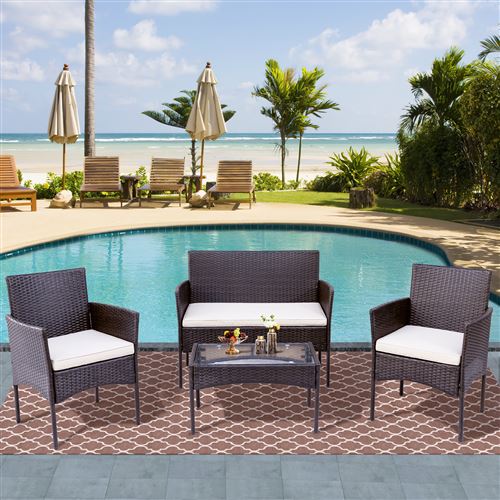 Salon de jardin Merax en résine tressée 1 banc 2 fauteuil 1 table basse marron