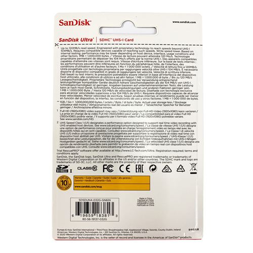 Carte mémoire SDHC classe 10 80 mo/s de 32 Go SanDisk Ultra