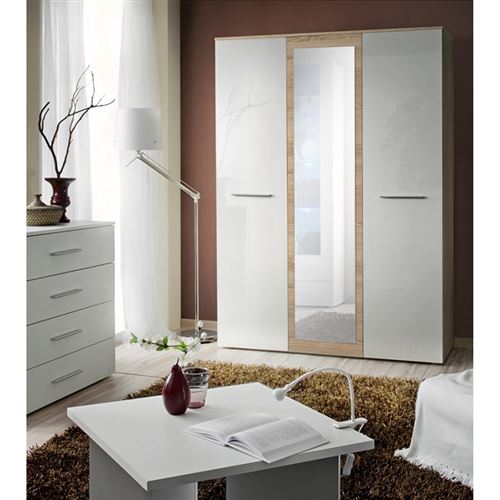 Paris Prix - Armoire 3 Portes Miroir big 190cm Chêne & Blanc