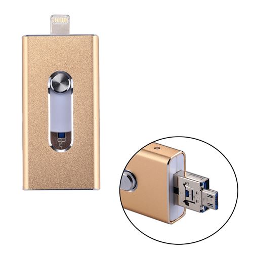 (#19) RQW-02 3 in 1 USB 2.0 & 8 Pin & Micro USB 32GB Flash Drive, for iPhone & iPad & iPod & Most Android Smartphones & PC Computer(Gold)