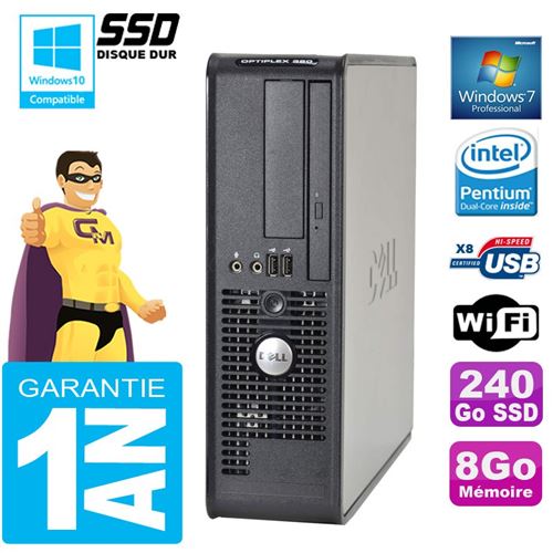 PC Dell 380 Sff Intel E5700 Ram 8Go Disque 240 Go SSD Graveur Dvd WiFi W7
