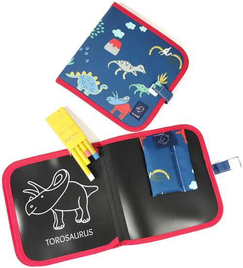 Cahier ardoise illustré DINO + 4 craies Zéro poussière