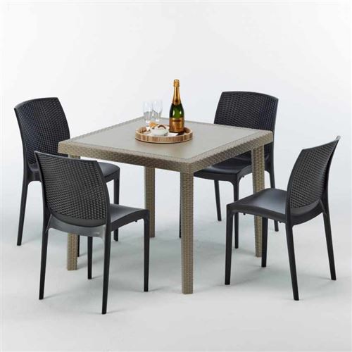 Table carrée beige + 4 chaises colorées Poly rotin synthétique ELEGANCE, Chaises Modèle: Boheme Anthracite noir