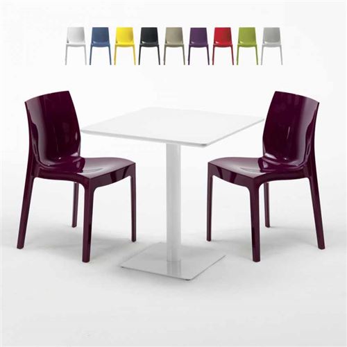 Table carrée 70x70 blanche avec 2 chaises colorées Ice Meringue, Couleur: Pourpre