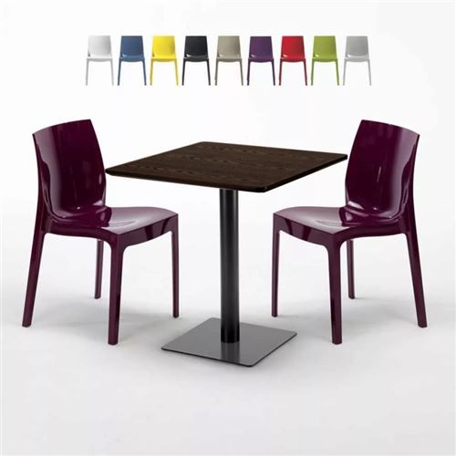 Table Carrée 70x70 Effet Bois avec 2 Chaises Colorées Ice Melon, Couleur: Pourpre