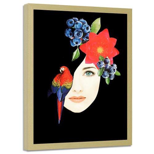 Feeby Tableau Image encadrée moderne mural cadre nature, Collage femme avec ara 70x100 cm