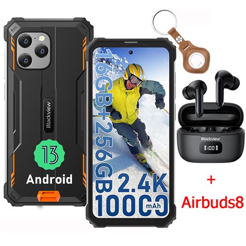 Blackview BV8900 Pro Smartphone Incassable 6,5 16Go+256Go 64MP 10000mAh NFC Orange avec Écouteurs Bluetooth Airbuds8(Noir)
