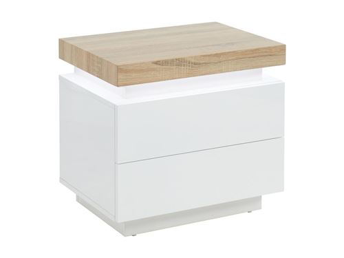 Table de chevet HALO II - 2 tiroirs - MDF Laqué - Avec LEDs - Coloris : Blanc et chêne