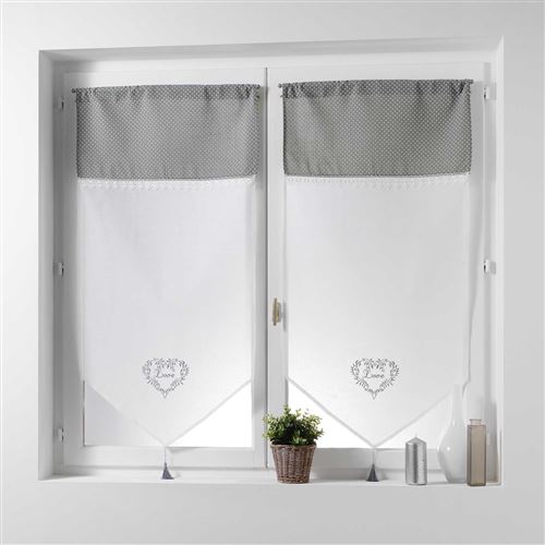 Paire pompon passe tringle 2 x 60 x 90 cm voile brode+top imprime home love Gris