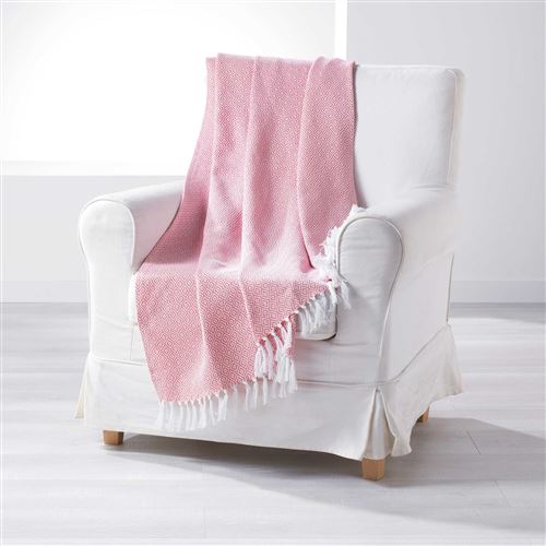 Plaid a franges 125 x 150 cm coton tisse merina Corail