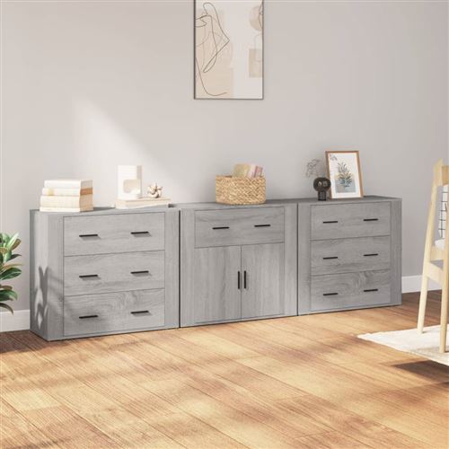 vidaXL Buffets 3 pcs, Meubles de Rangement avec Tiroir, Armoires de Rangement, Organisateur Salon Intérieur, Moderne, Sonoma Gris Bois d'Ingénierie